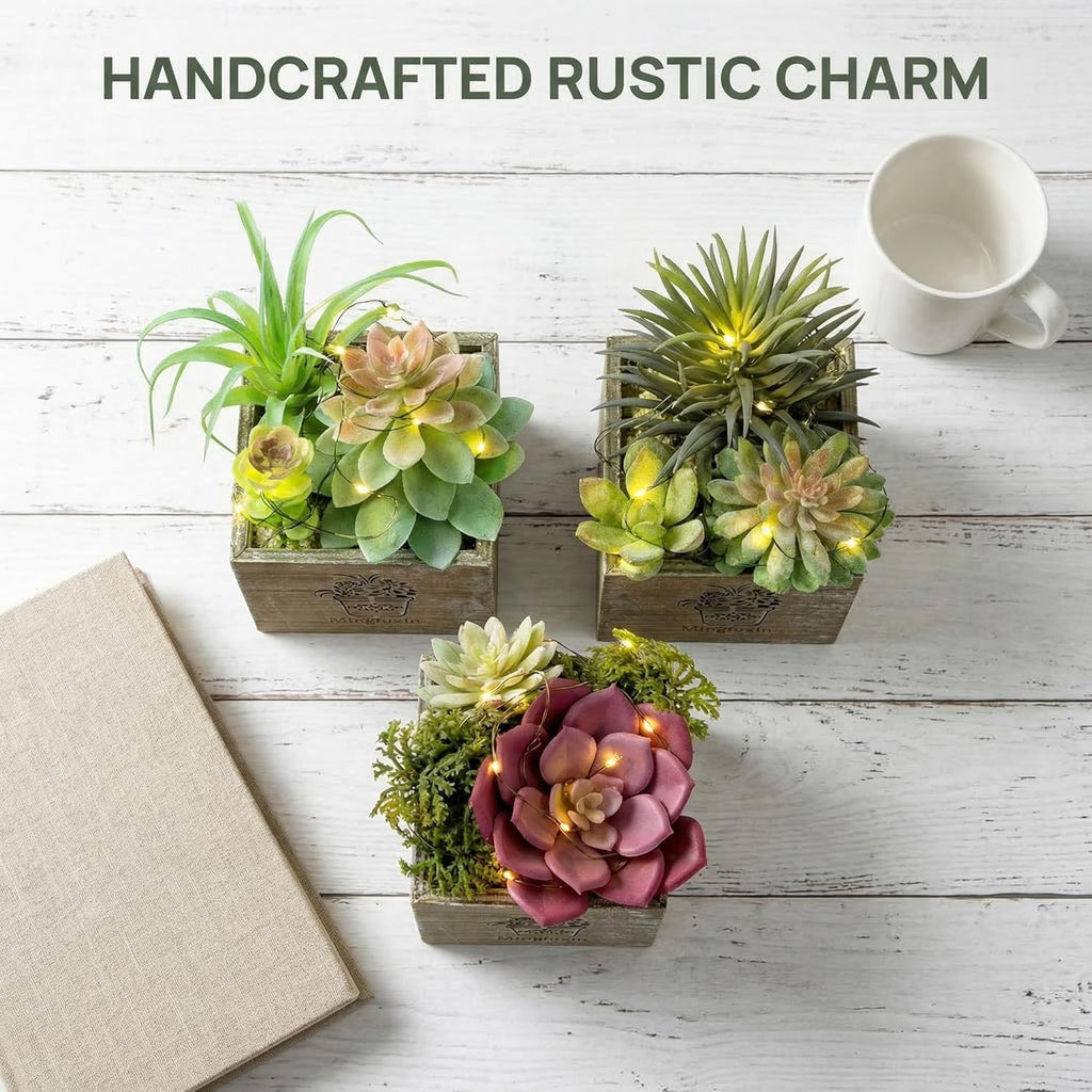 Small Fake Plants, Succulent Plants Artificial with Led Lights 3 Pack | Fake Succulents Decor Artificial Plants