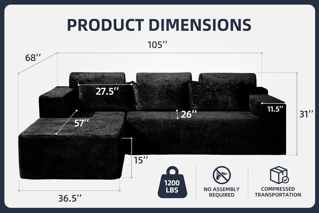 Modular Sectional Couches for Living Room,105" Cloud Couch with L-Shape Chaise,Comfy Sofa Living Room Couch