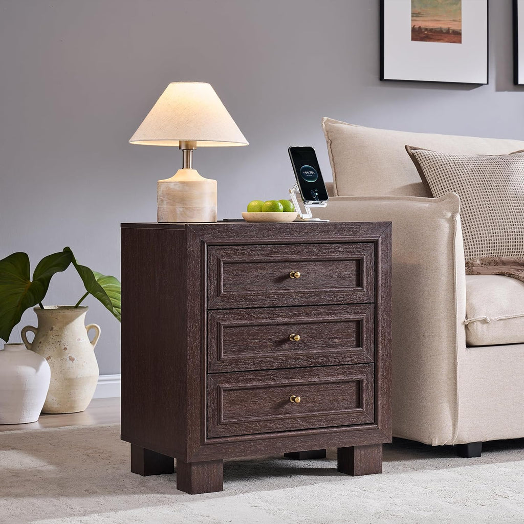 3 Drawer Night Stand with Two Base Styles Included, Mid Century Modern Nightstand with Charging Station, Wooden End
