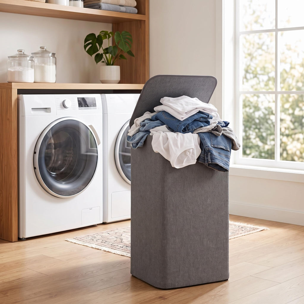 100L Laundry basket Hamper with Lid & Removable Mesh Bag, Grey