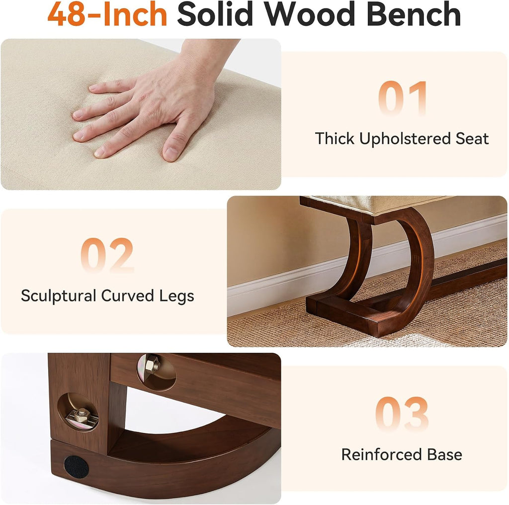48-Inch Upholstered Bench, Solid Wood Entryway Bench with Soft Cushion, Mid-Century Accent Furniture for End of Bed