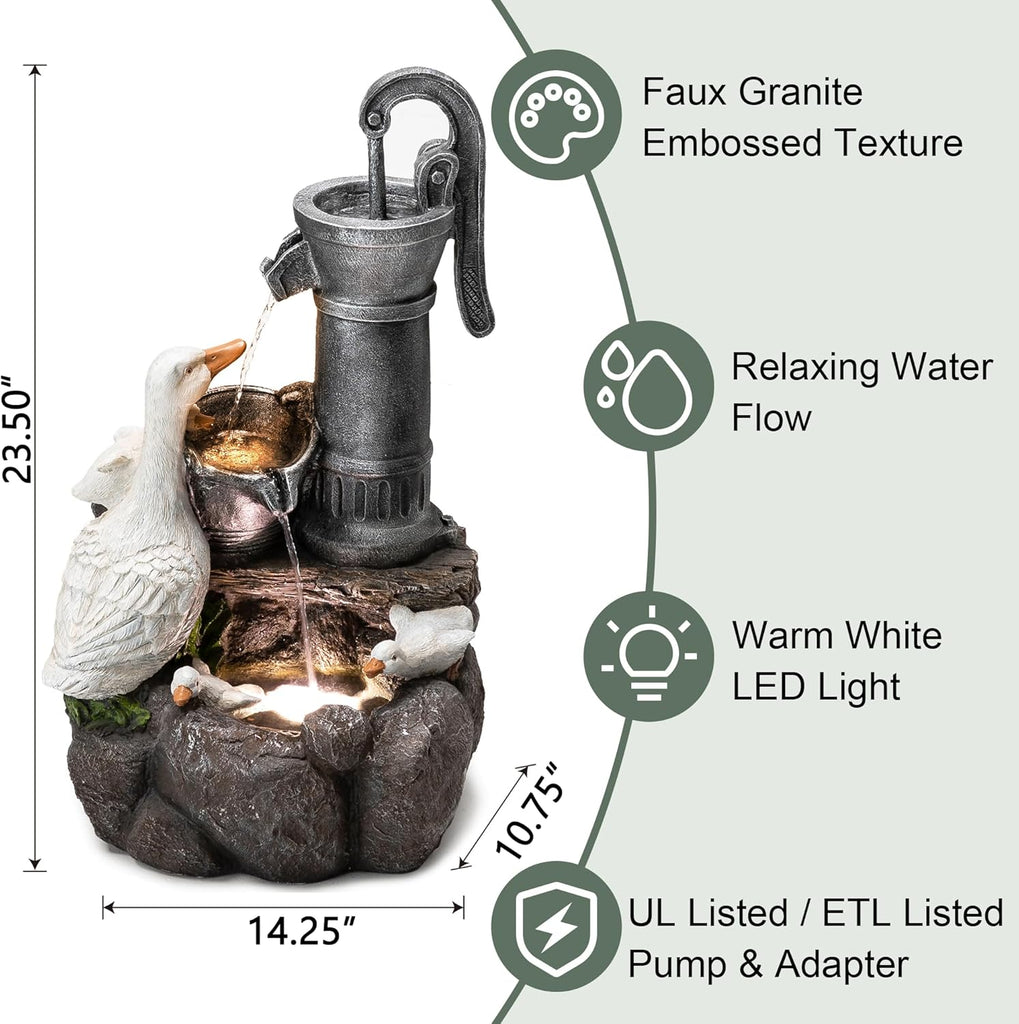 24" Farmhouse Duck Outdoor Fountain with LED & Pump - 2-Tier Cascading Water Fountain for Outside Garden Decor