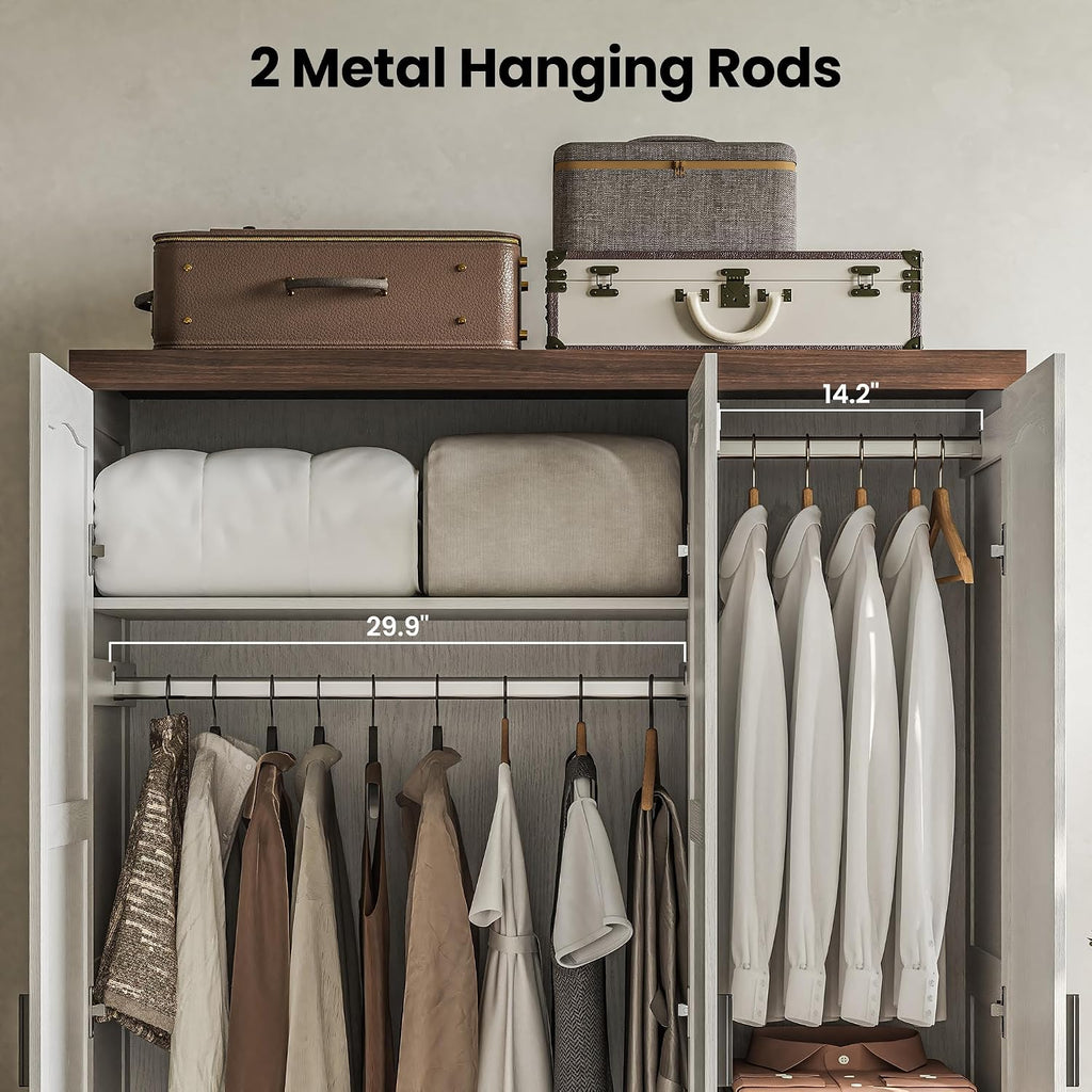 3-Door Armoire Wardrobe Closet with Mirror and 2 Hanging Rods | Long & Short Hanging Zones / 3 Shelf Levels /