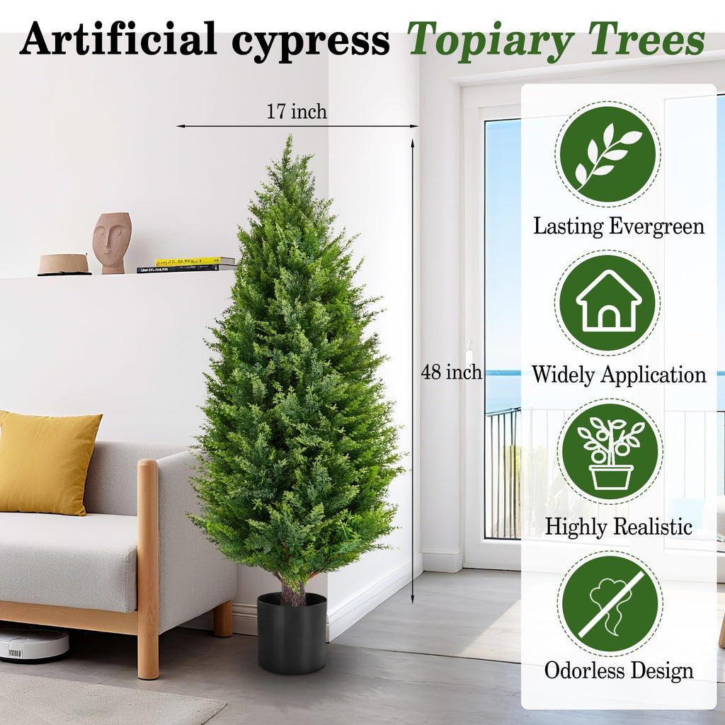 4ft Artificial Cedar Topiary Tree 2-Pack with Pots, UV Resistant Outdoor