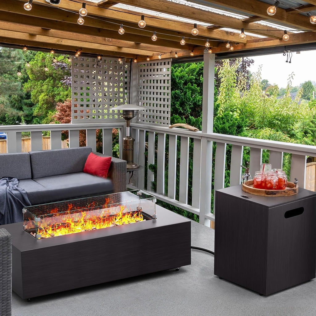 42in Fire Pit Table Propane Fire Pit 2 Piece Rectangular Gas Fire Pits 50,000 BTU with Wind Guard Propane Tank Cover Table