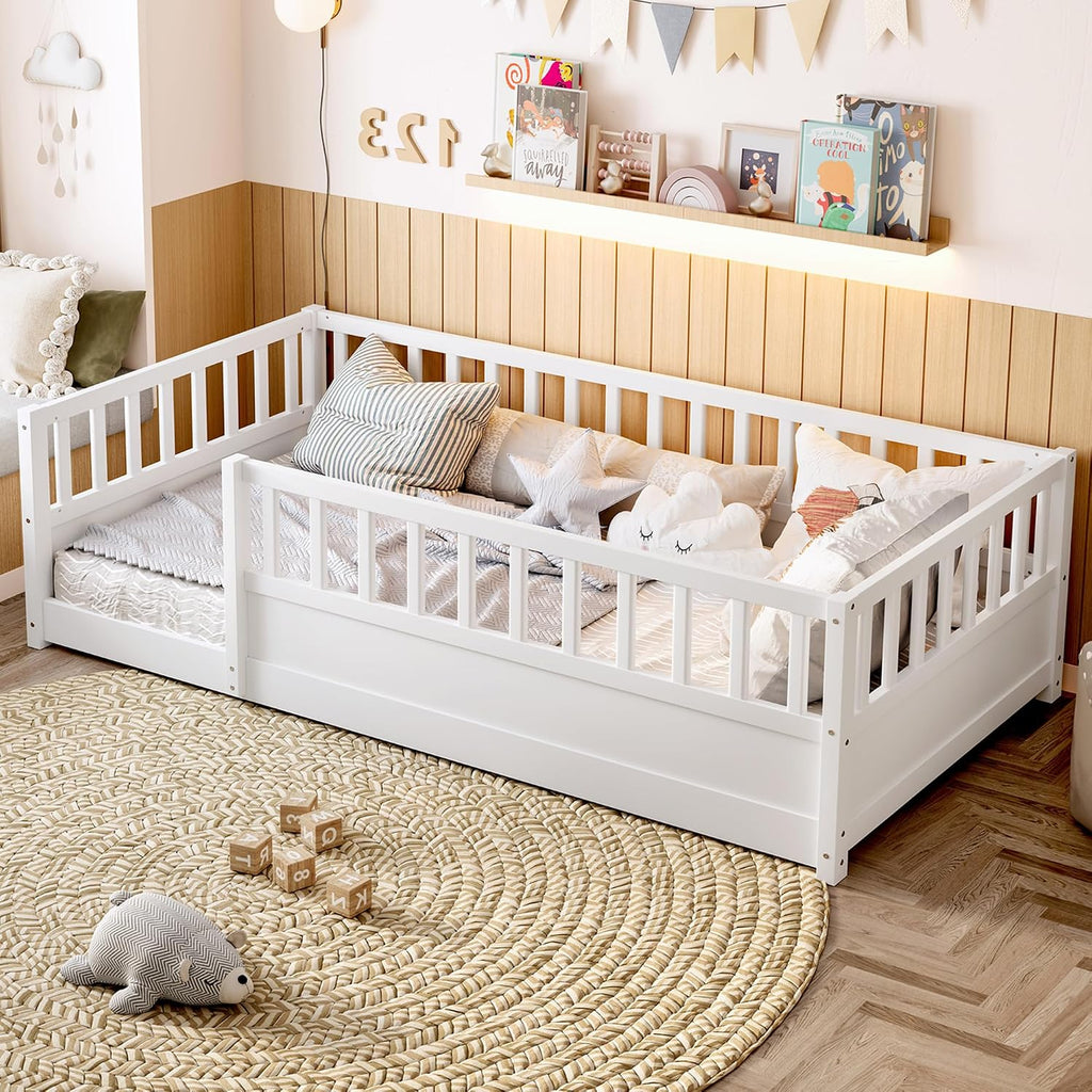 Twin Size Montessori Floor Bed with High Rails, High Rails Floor Bed with Slats and Fence, Easy Assemble Montessori