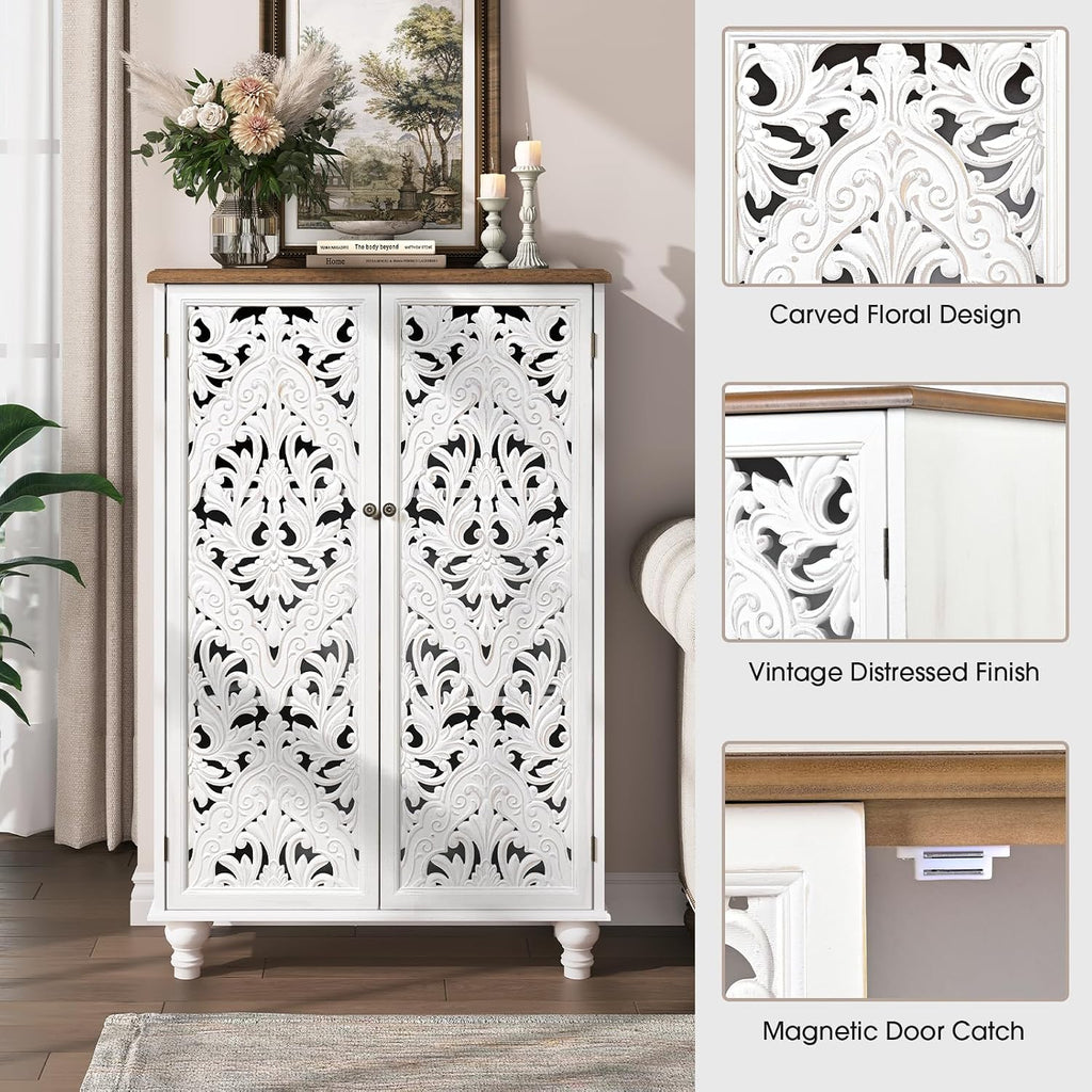 47" Tall Accent Cabinet with Carved Doors & Storage | Vertical Storage, Carved Floral Design, Mandala White Buffet