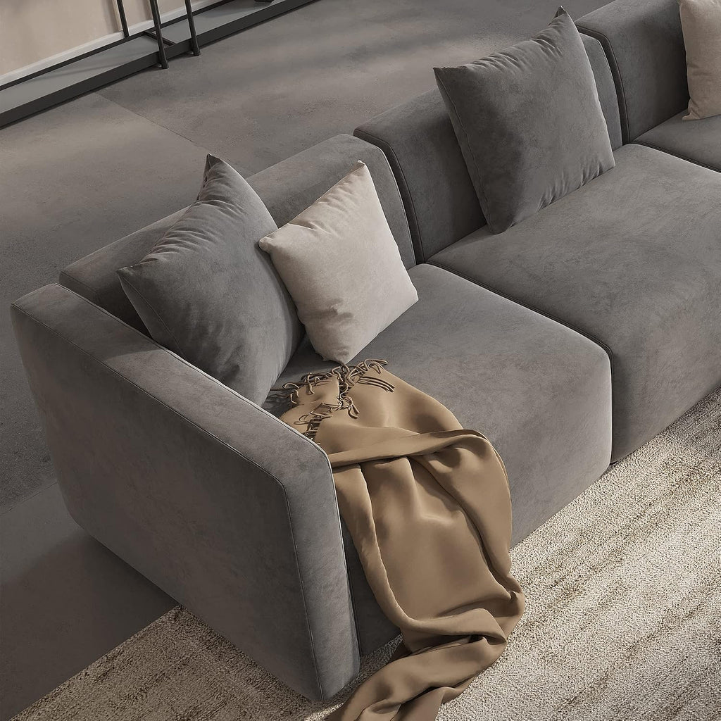 L-Shaped Modular Sectional Sofa with Ottoman, Suedette Dark Grey | Reversible Couch, Larch Wood Frame, Low-Back Design