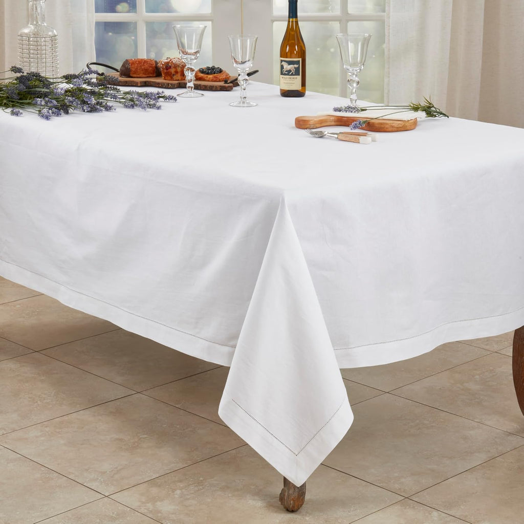 White Polyester Special Occasion Holiday Dining Tablecloth Handmade Hemstitched Border 70" X 160"