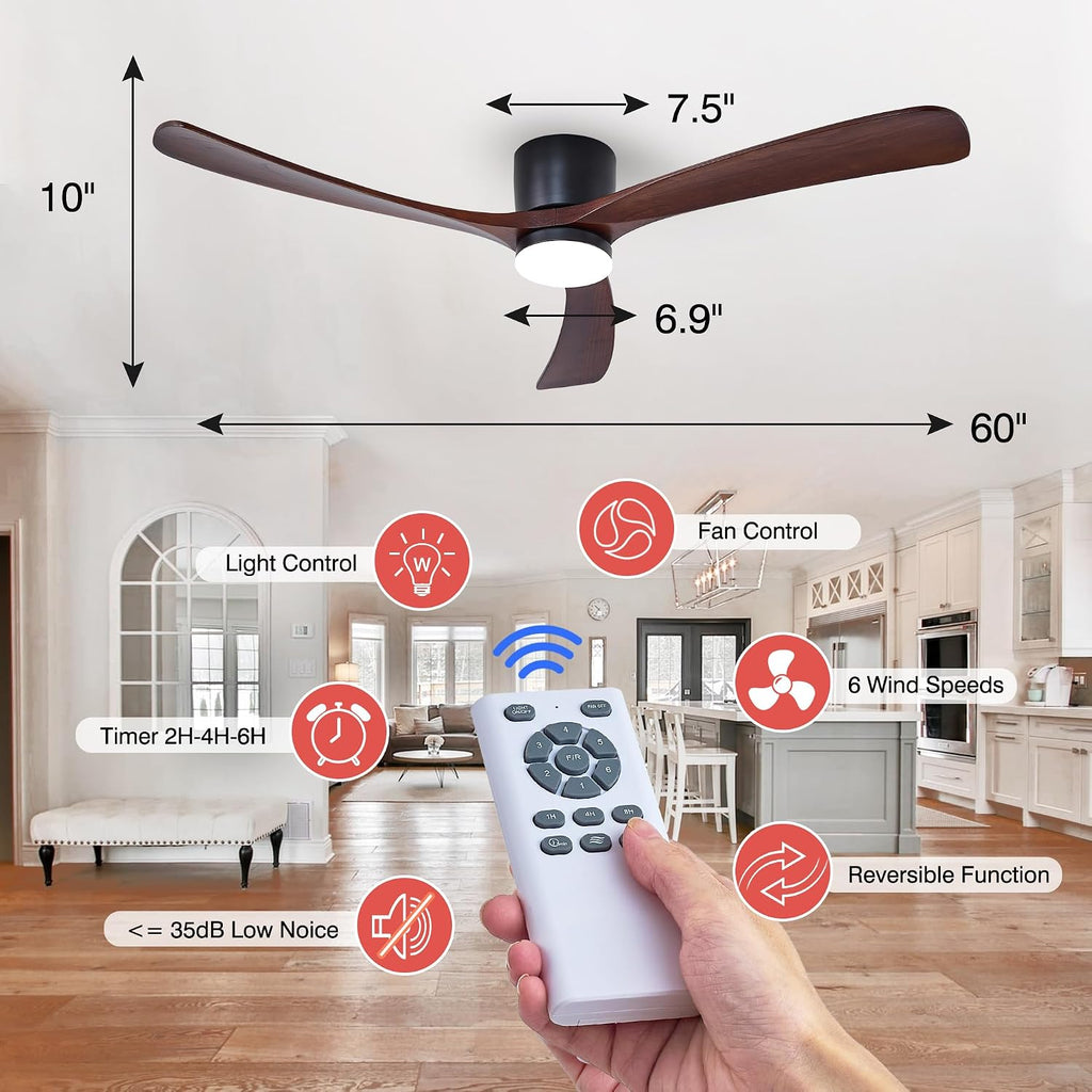 Modern 60 Inch Low Profile Flush Mount Ceiling Hugger Fan with LED Lights and Remote Control - 3 Wood Blades, Reversible DC Motor, 6 Speeds - Walnut and Matte Black