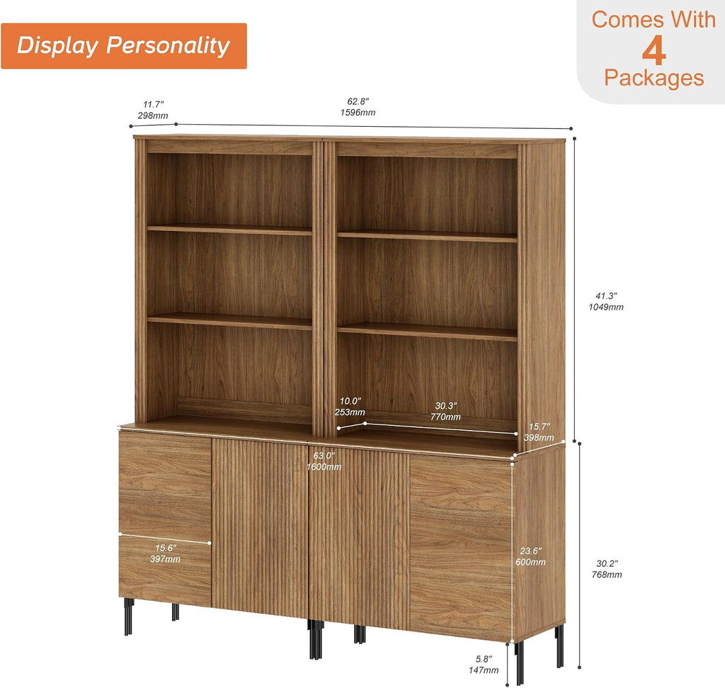 Modern 71.5" Tall Bookcase with 2 Doors, Fluted Bookcase with Storage and Adjustable Shelves, Wooden Storage Cabinet