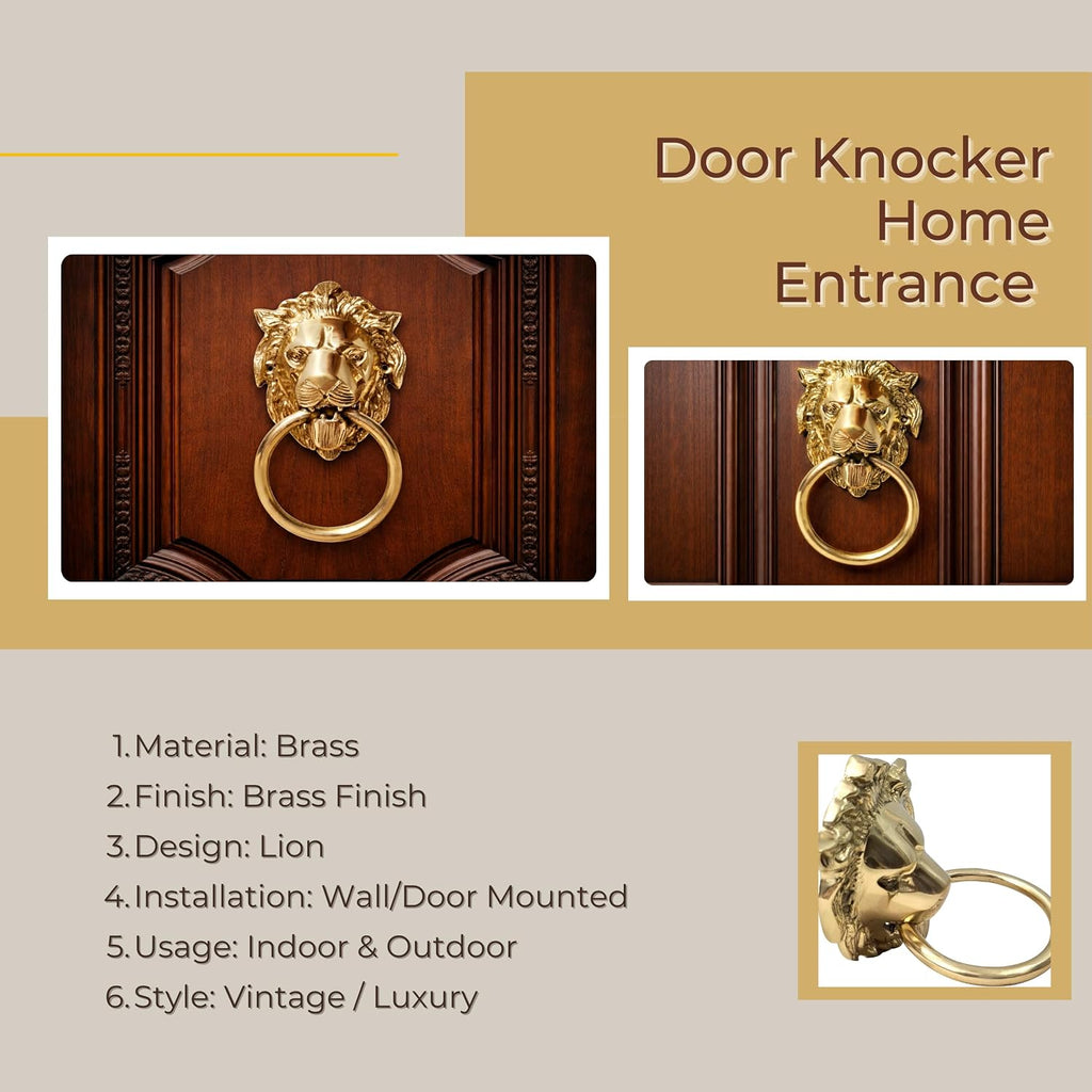 Unique Look Handcrafted Shiny Brass Polished Lion Front Face Door Knocker Home Entrance Décor Accessory Mounting