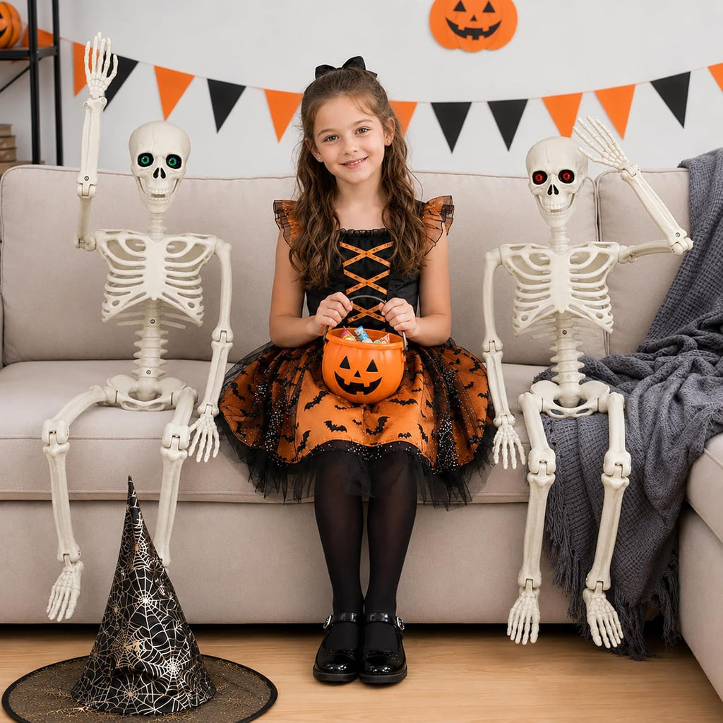 Halloween Skeleton Decorations - 2 Pack 3FT Poseable Skeletons with Eyes, Movable Joints & Jaw Scary Scenes, Yard - Set of 2