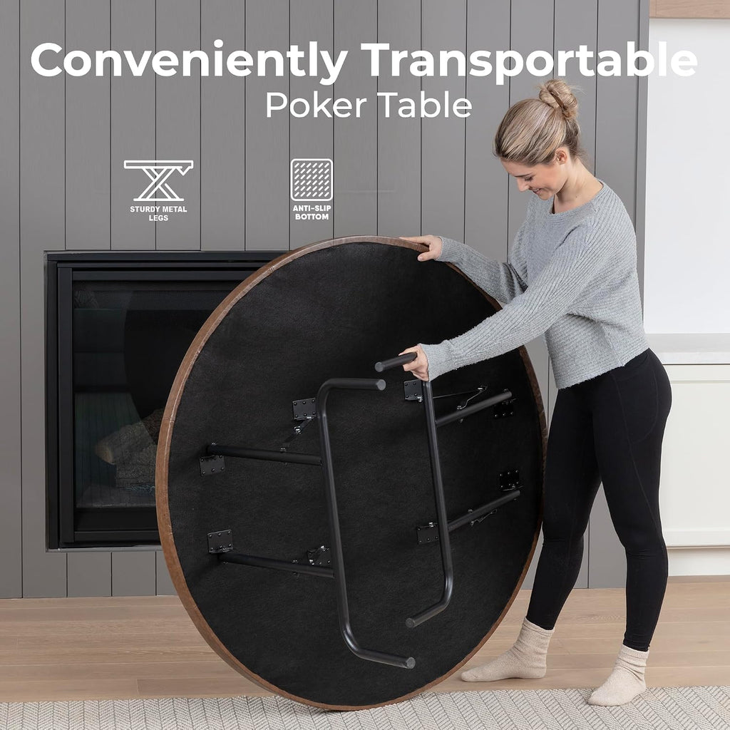8 Player Round Foldable Poker Table, Casino Leisure Texas Holdem Table, w/Water Resistant Cushioned Rail, 8 Cup