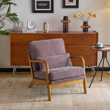 Chenille Mid-Century Modern Accent Chair, Cute Reading Arm Chair with Cushion & Lumbar Pillow & Solid Wood Frame for