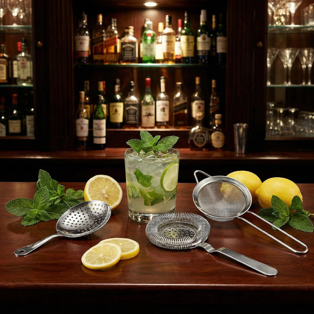 Cocktail Strainer Set, 3 Pack, Includes Hawthorne, Julep & Cone Shaped Fine Mesh Strainer, 304 Stainless Steel Bar - Set of 3