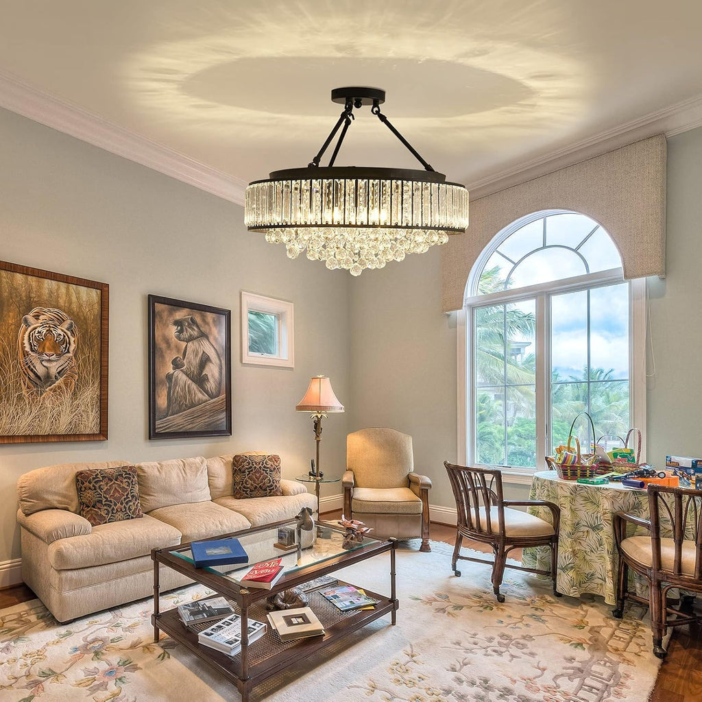 6-Light Modern Large Crystal Chandelier Black Metal E26 Semi Flush Mount Round Light Fixture Ceiling Lamp Farmhouse