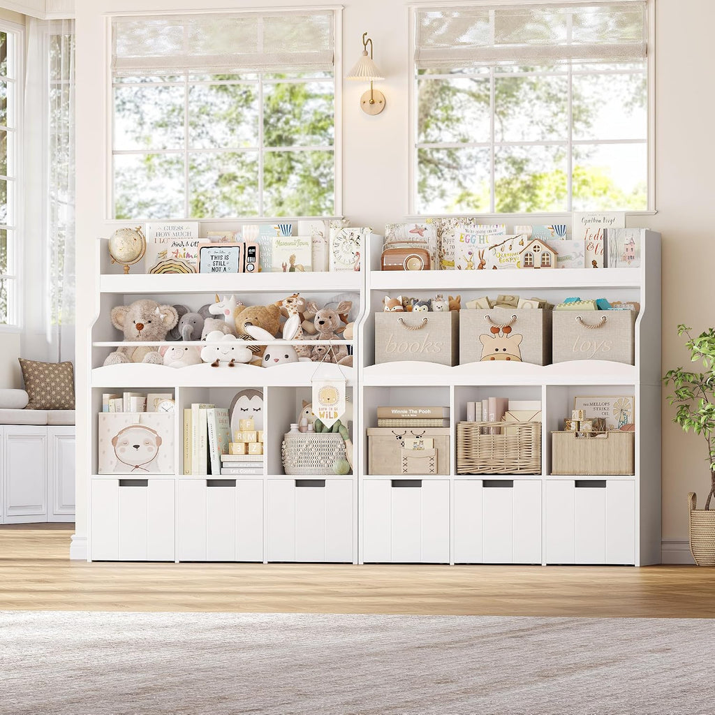 Kids Toy Storage Organizer with Bookshelf, Multifunctional Book Shelf with 3 Movable Toy Organizers for Kids Room