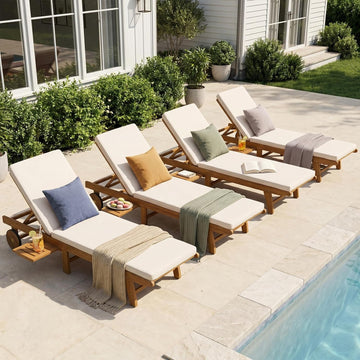 Patio Acacia Wood Chaise Lounge Set of 4, Pull-Out Table, Cream | Foldable Lounge Chair with Adjustable Backrest