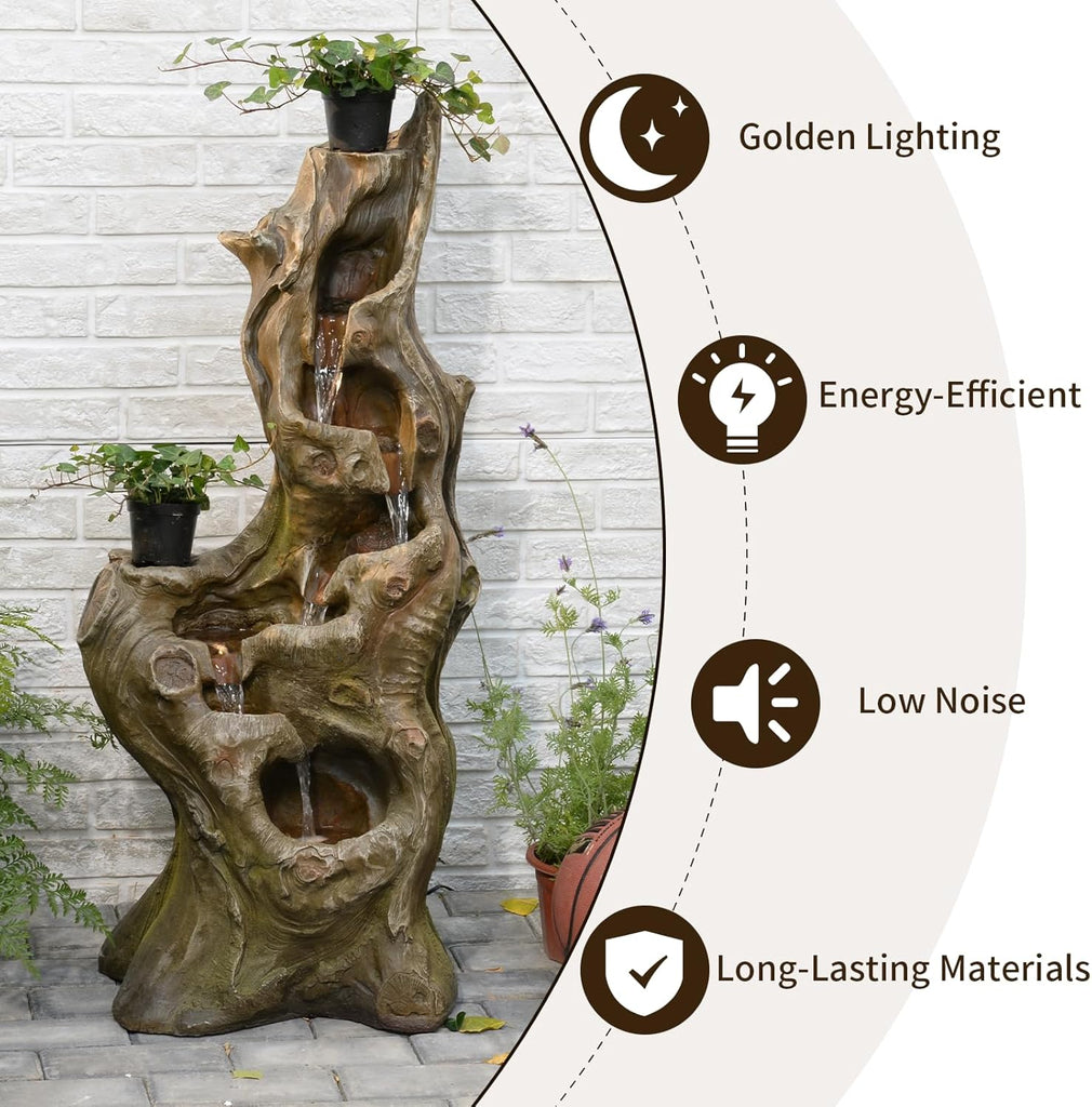 Water Fountain Outdoor 5-Tiers Large Cascading Realistic Tree Trunk Natural Waterfall Outdoor Fountains Resin