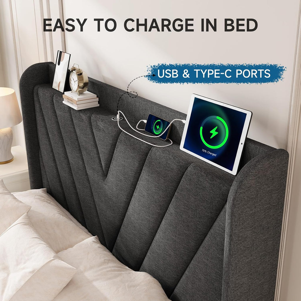 Queen Bed Frame with Headboard, Adjustable Upholstered Platform Bed Frame with Type-C&USB Ports