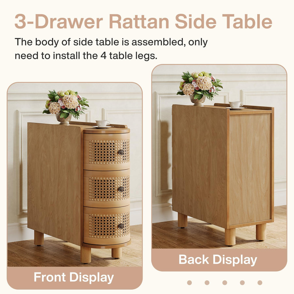 Solid Wood, 3-Drawer Rattan Side Table, Night Stand with 3 Rattan Drawers and Exquisite Embossed Handles, No