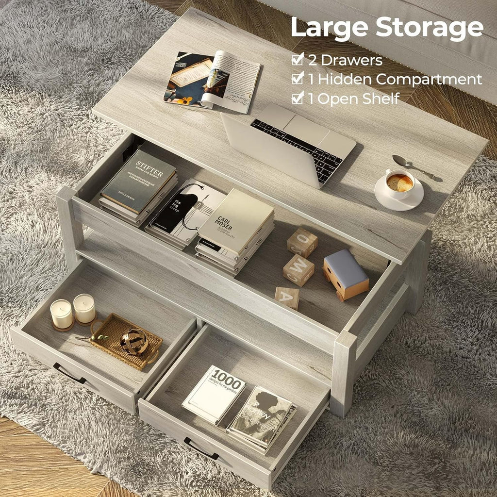 Coffee Table, Lift Top Coffee Table with Drawers and Hidden Compartment, Living Room Table with Wooden Lift Tabletop