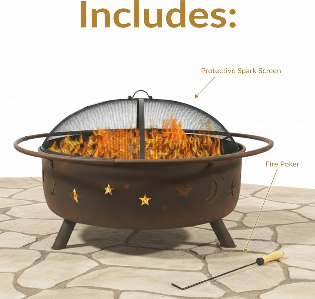 Cosmic 42-Inch Large Outdoor Fire Pit - Heavy-Duty Round Wood-Burning Steel Firepit