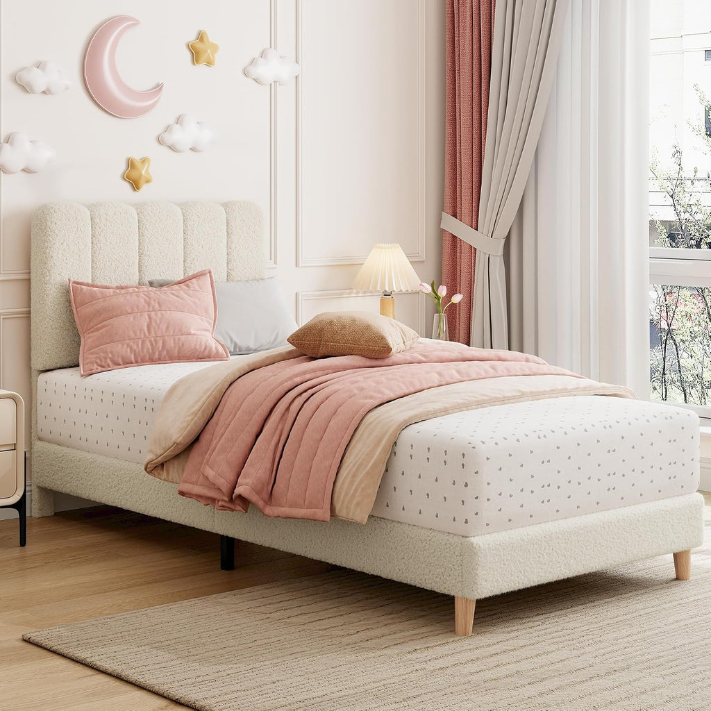 Twin Bed Frame, Platform Bed with Headboard for Kids | Upholstered Bed Frame, Easy Assembly, Wooden Slats Support, No