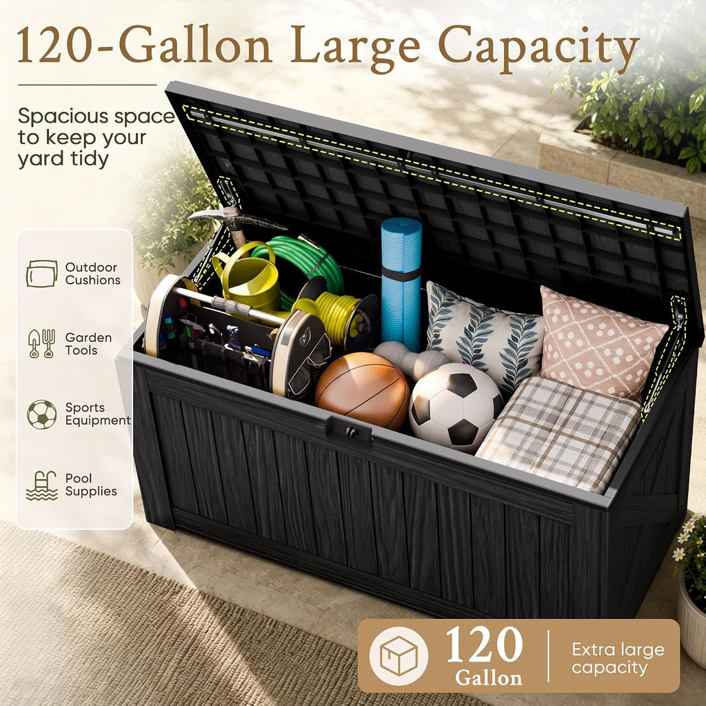 120 Gallon Deck Box Resin Outdoor Storage Box Waterproof | Large Outdoor Storage Bench Lockable for Outside Patio