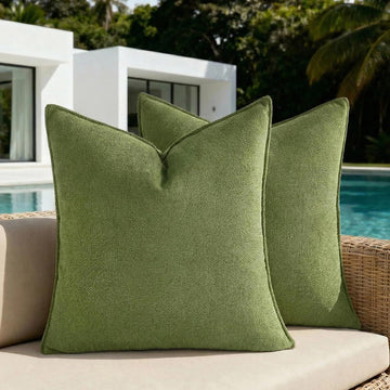 Pack of 2 Water Resistant Lumbar Soft Chenille Decorative Outdoor Throw Pillow Covers Solid Moss Green Summer