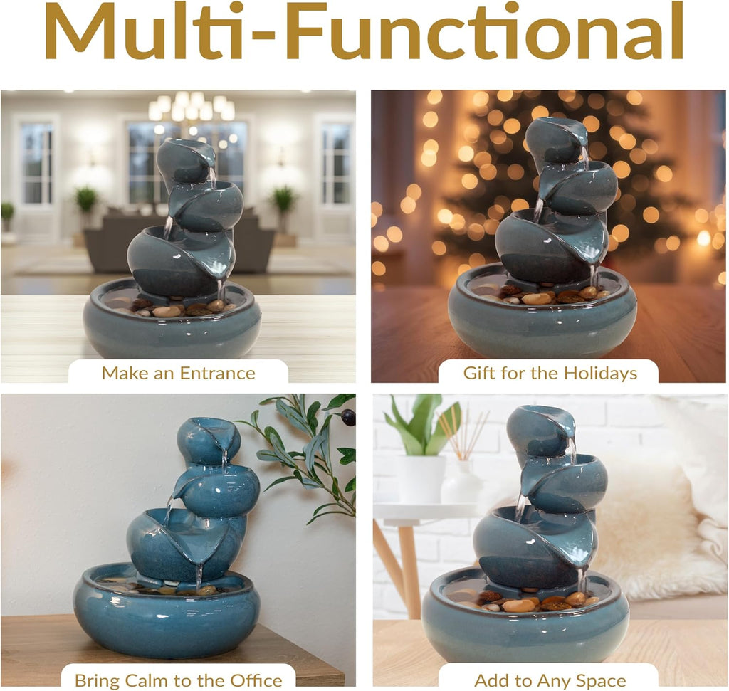 Tiered Vessels Ceramic Tabletop Water Fountain - Relaxing Indoor Fountain - Teal