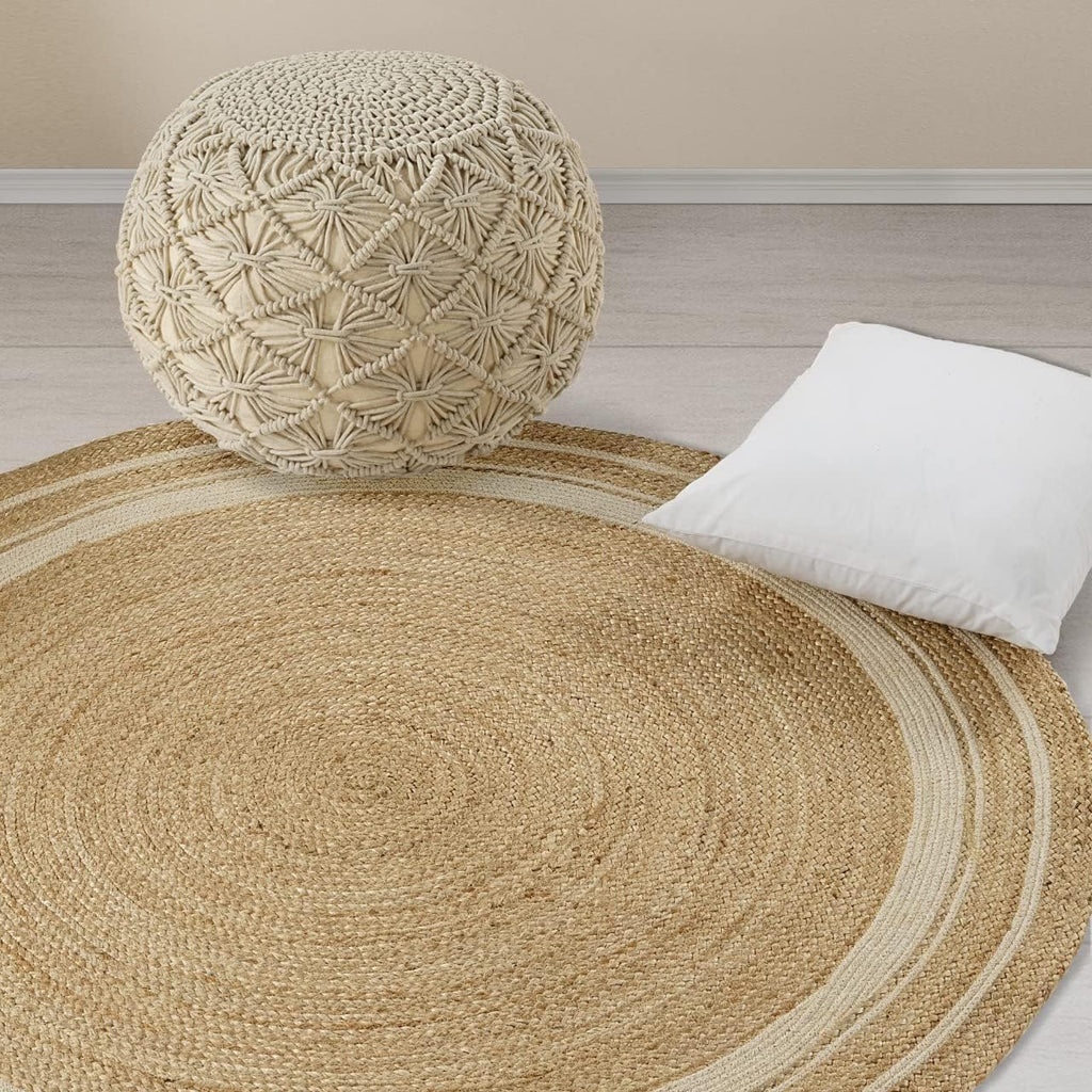 6' ft Round Jute Cotton Area Rug - Natural Fiber Handmade Boho Charm Farmhouse Jute Area Rug Soft Br