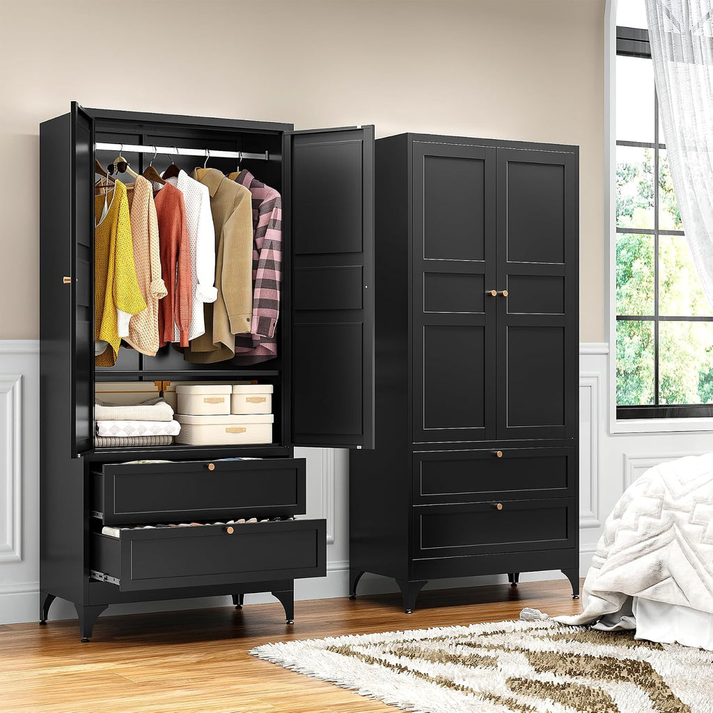 71" Tall Metal Wardrobe Closet with 2 Drawers, Steel Armoire Cabinet with Hanging Rod and Adjustable Shelves