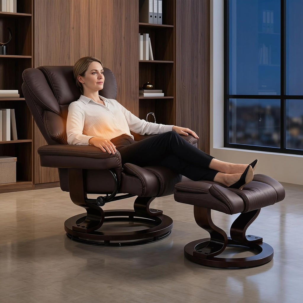 Modern Reclining Swivel Lounge Chair and Ottoman — Brown Leather