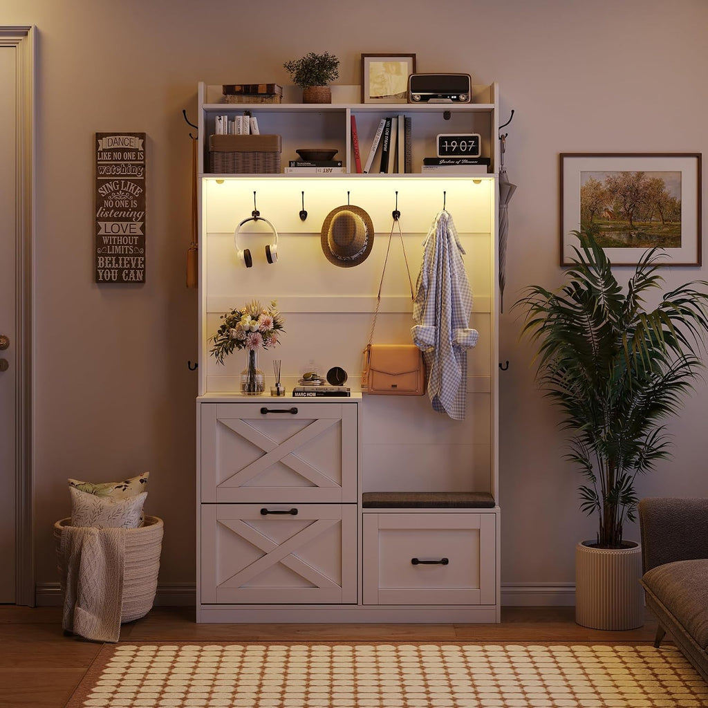 Narrow Hall Tree with Shoes Storage, Entryway Bench with Coat Rack and Led Lights, 78" Tall Hall Tree with 9 Coat