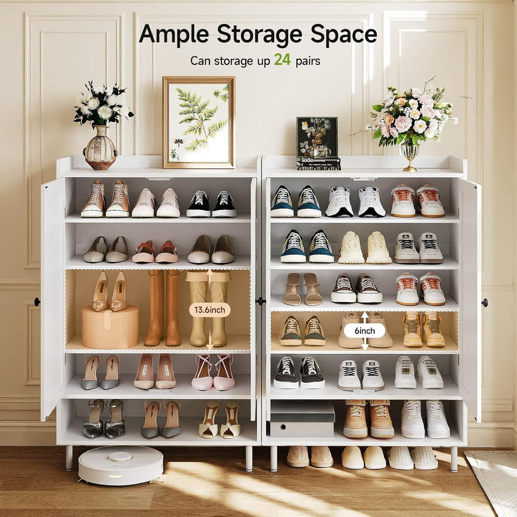 White 7+1 Tier Farmhouse Shoe Storage Cabinet - 45" Tall Entryway Organizer with Cross Molding Doors, 3 Adjustable