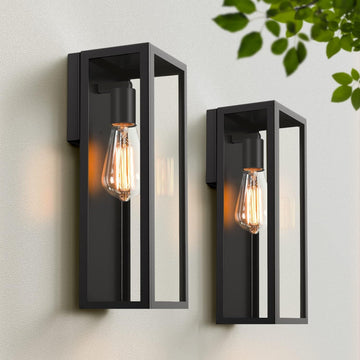 2-Pack Outdoor Wall Lanterns, Exterior Waterproof Wall Sconce with Glass Shades, Matte Black Porch Lights Wall Mounted