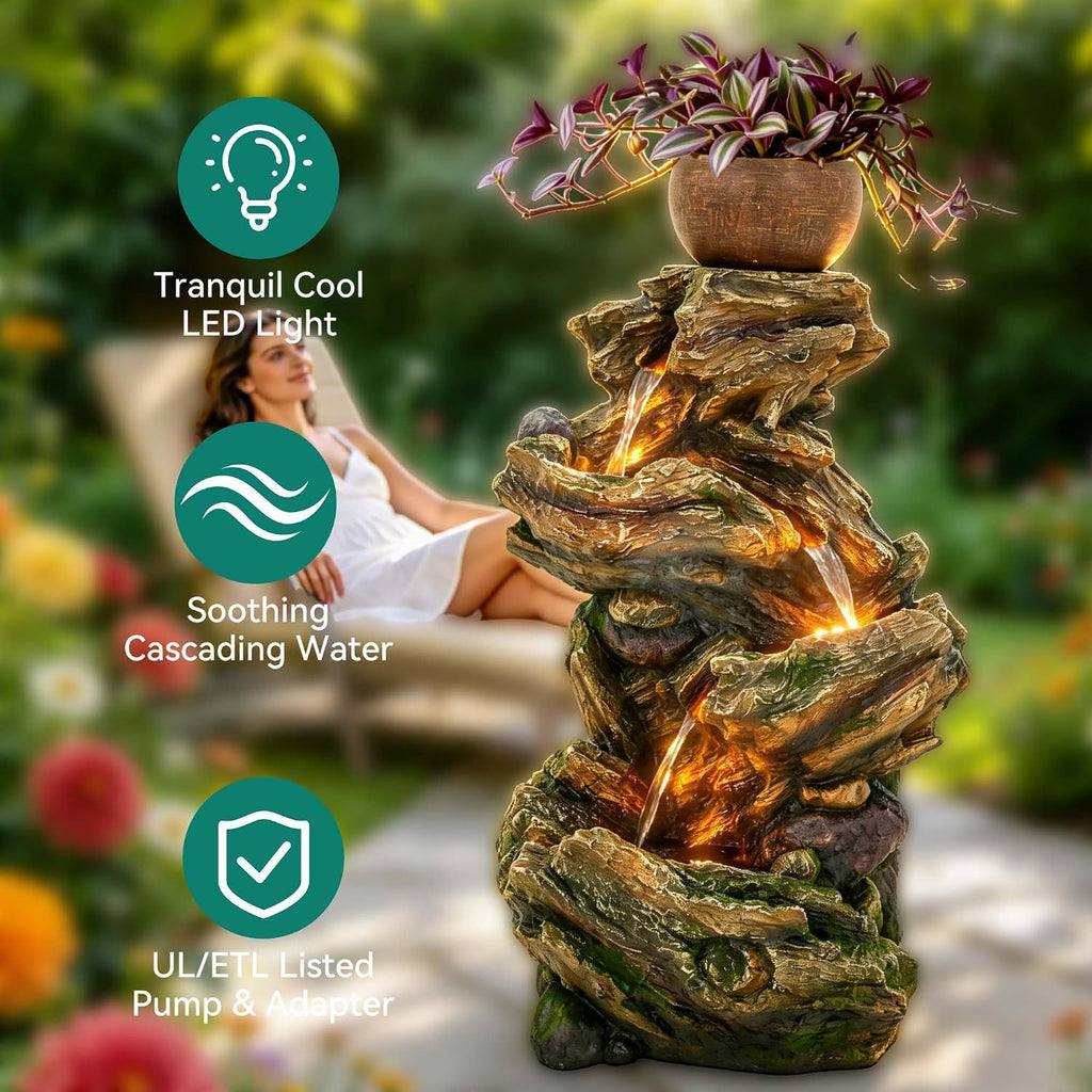 33" Rustic Tree Trunk Outdoor Water Fountain with Planters, Handcrafted 5-Tier Cascading Water Feature with Moss &