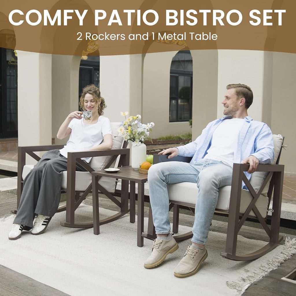 Rocking Chair Outdoor Set 2 w/Coffee Table, 3 Pc Metal Bistro Set | Metal Rocking 6.5" Water-Resistant Cushions