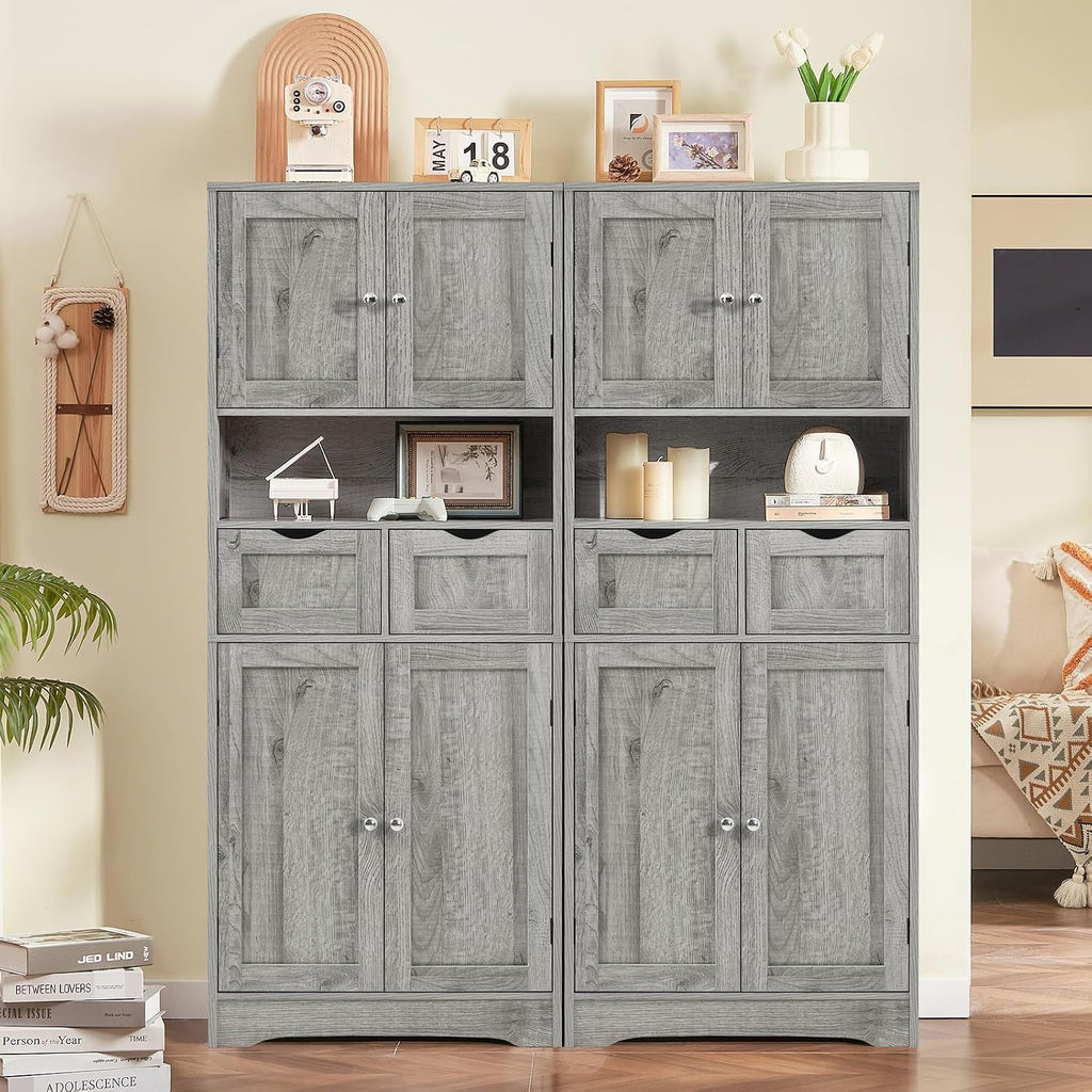 57.8" H Tall Storage Cabinet with 2 Drawers & 2 Adjustable Shelves, Bathroom Storage Cabinet with 4 Doors, Floor