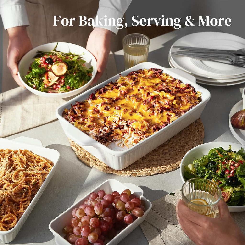 Casserole Dishes for Oven, Dishes Set, Ceramic Bakeware Sets of 3, Lasagna Pan Deep, Rectangular Pan Set with Handles