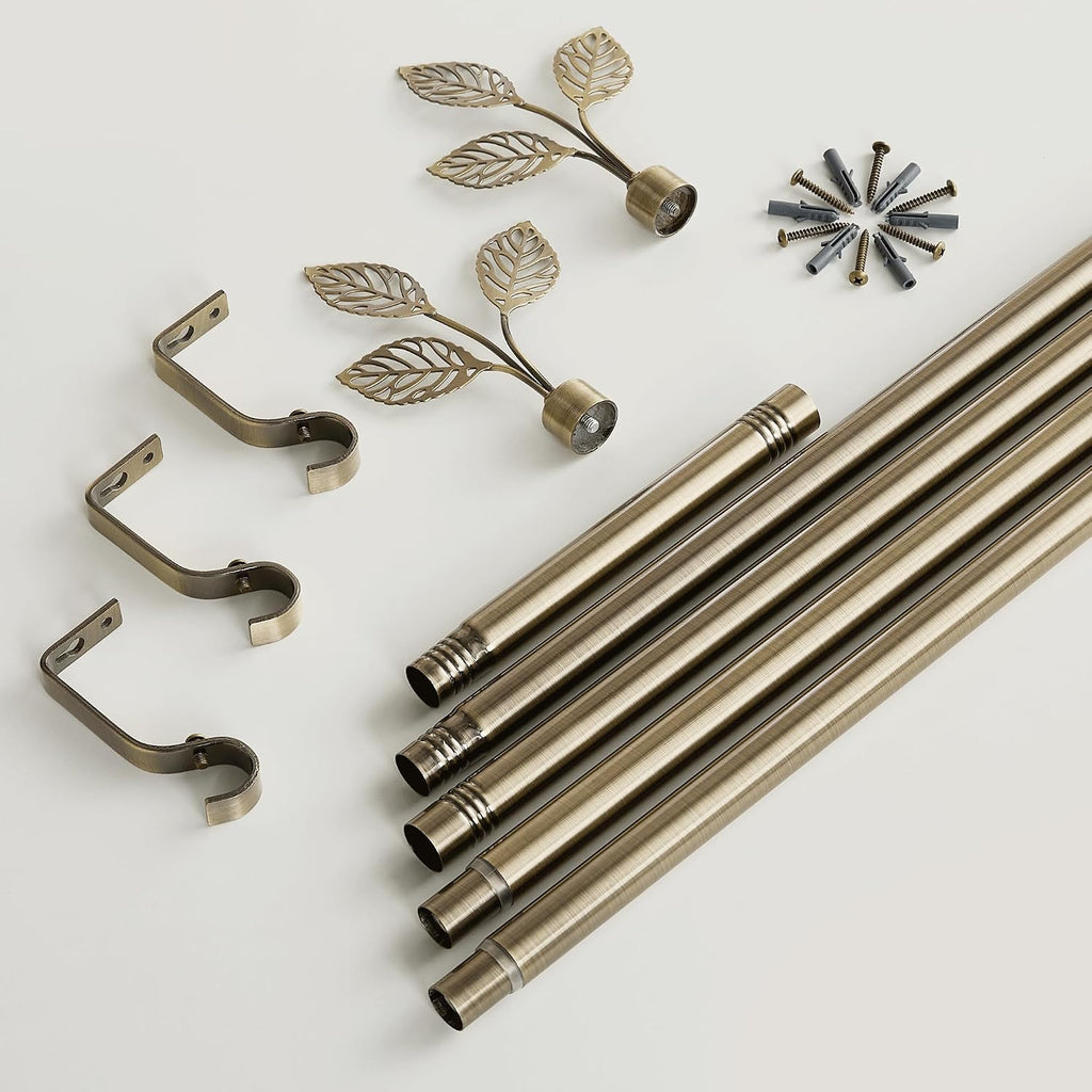 Brass Curtain Rod 1 Inch Diameter with Vivid Leaf Finials Telescoping Single Rod for Kitchen Living Room Bedroom