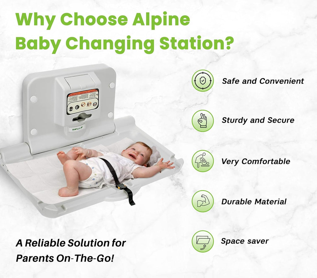Wall Mounted Baby Changing Station - Horizontal Baby Changing Table Foldable Diaper Tables with Safety Strap for