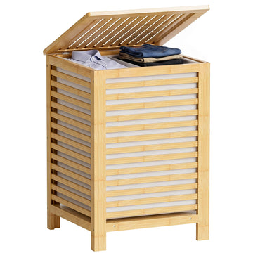 Double Laundry Hamper with Lid, 120L Bamboo Laundry Basket with Removable Liner Bag, 2-Section Clothes Divider