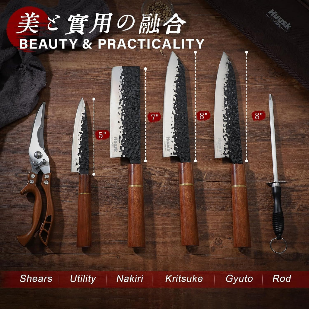 Japanese Knife Set 6pcs with Covers - Professional Chef Knife Set | Bag & Sharpener, High Carbon Steel Forged Knives