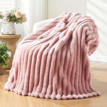 Super Soft Throw Blanket Pink Premium Silky Flannel Fleece 3D Ribbed Jacquard Lightweight Bed Blanket All Season Use