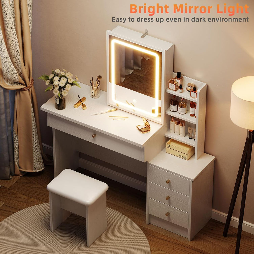 White Makeup Vanity Desk with Sliding Mirror & 4 Drawers | Smart LED Mirror, 3 Adjustable Lighting Modes, Vanity