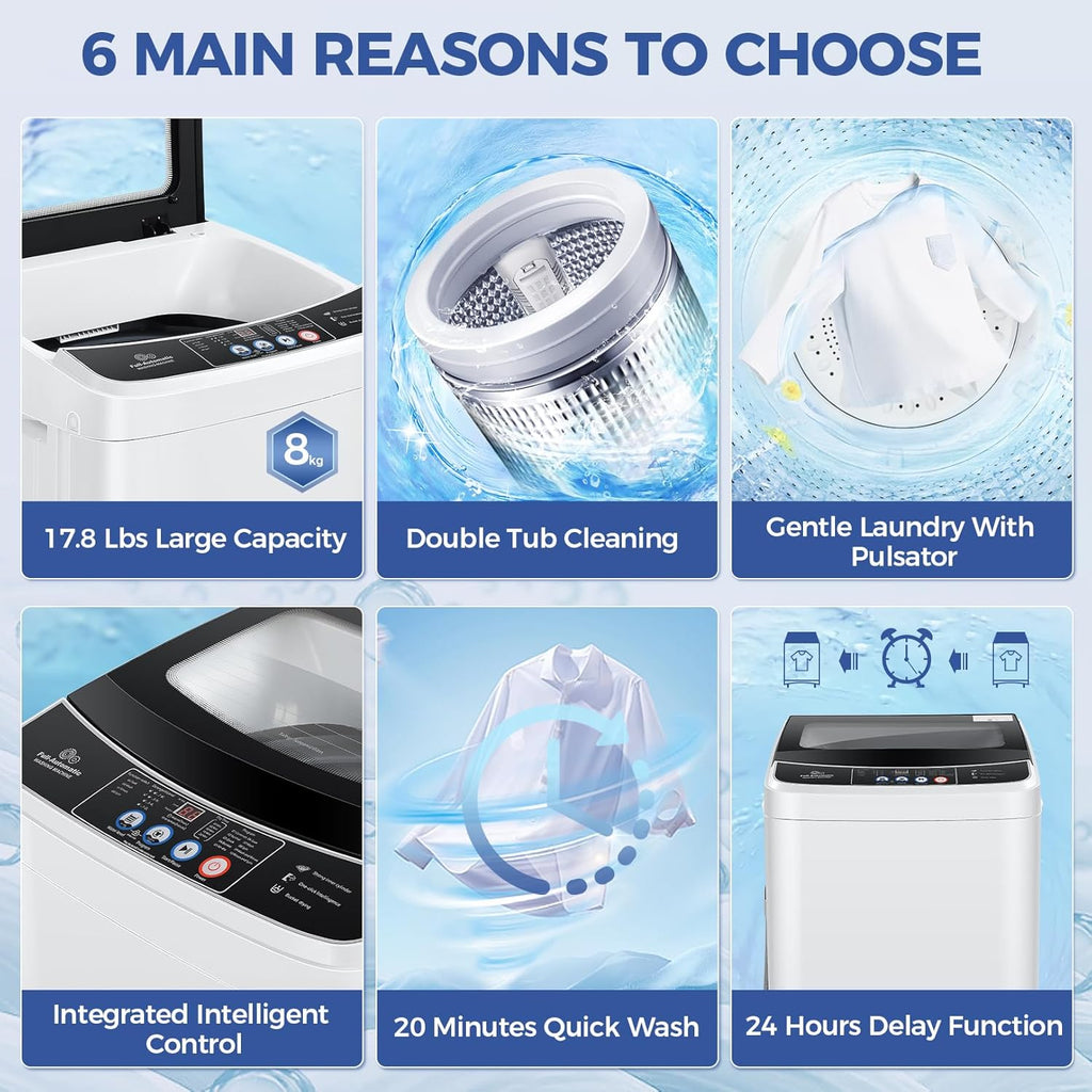 Portable Washing Machine, 17.8Lbs Capacity Full-Automatic Portable Washer, 2.4Cu.ft Washer and Dryer Combo with Drain