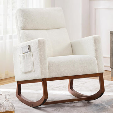 28in Wide Padded High Back Nursery Rocking Chair, Ivory Boucle | Thick Foam Glider Chair, Nursing Chair with High